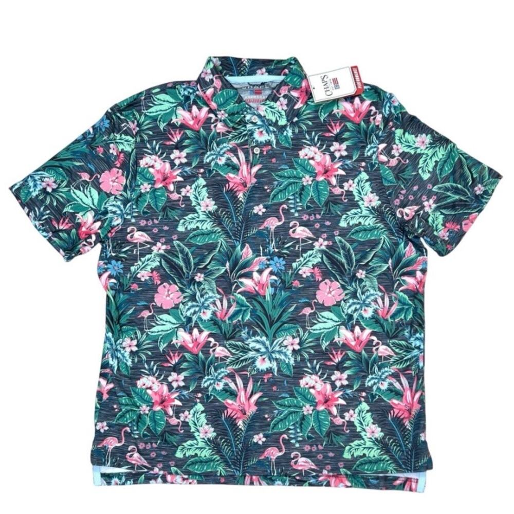 NEW Mens Hawaiian Polo Shirt Size XL Chaps Moisture Wicking Flamingo Top NWT